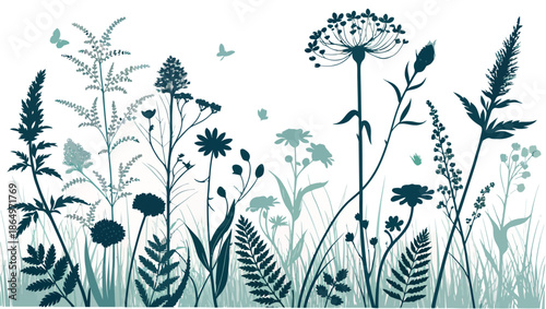 Whimsical wildflowers and butterflies in a serene natural setting