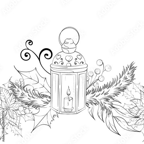 Lantern Design With Holiday Foliage and Berries in Seamless Arrangement Pattern Background Border Style for Festive Occasions and Decorations