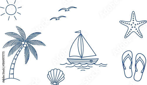 Sailing boat on calm sea near palm tree and starfish at sunny beach