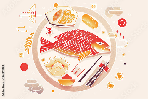 Chinese New Year Food Vector Illustration with Symbolic Fish and Festive Elements