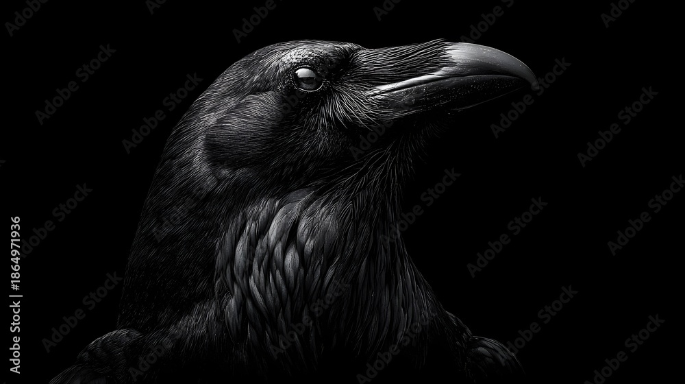 Obraz premium Mysterious Close-up Portrait of a Black Crow Against Dark Background