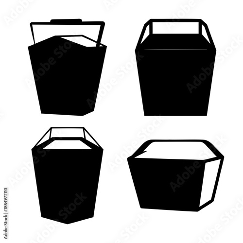 Collection of black silhouette icons of different food takeout containers