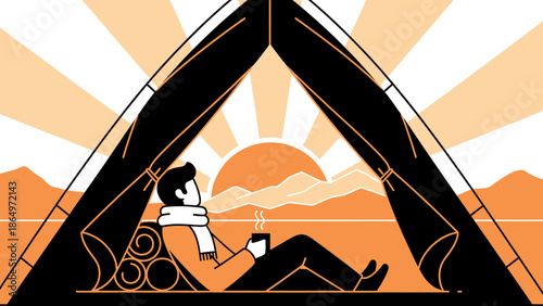 Morning Calm Man Enjoying Sunrise And Coffee Inside Camping Tent In Nature