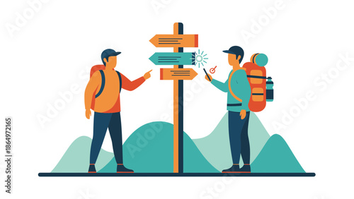 Navigating The Wilderness Two Backpackers Consulting a Signpost on Hiking Adventure