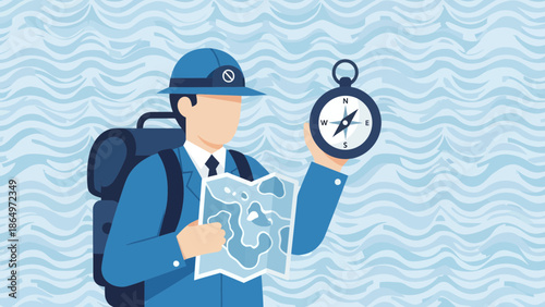 Navigator With Compass And Map Searching Destination Point On Exploration