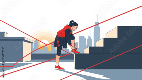 Morning Routine Urban Athlete Tying Shoelaces Cityscape Sunrise Background