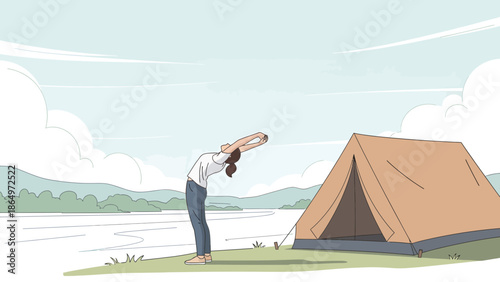 Morning Stretch At Campground Near Lake Relaxing Outdoor Getaway Scene