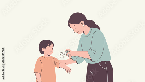Mother Sprays Insect Repellent on Her Son's Arm for Outdoor Protection