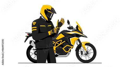 Motorcycle Rider Prepares For Adventure Road Trip With Protective Gear And Bike