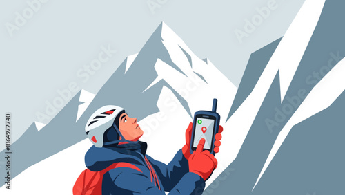 Mountain Climber Using Gps Device For Navigation In Winter Adventure