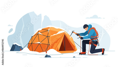 Mountain Climber Securing Tent With Ice Axe In Snowy Landscape Expedition