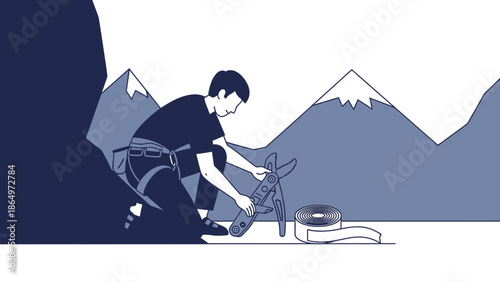 Mountaineer Checks Gear With Multitool Against Backdrop Of Majestic Mountains