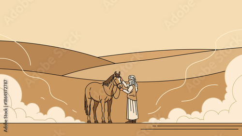 Nomad And Horse In Desert Landscape, Minimalist Arabian Scene Illustration
