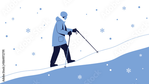 Nordic Walking Through a Winter Scene with Snowflakes and Light Blue Tones