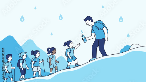 Mountain Trekking Adventure With Friends And Refreshing Hydration For Energetic Kids