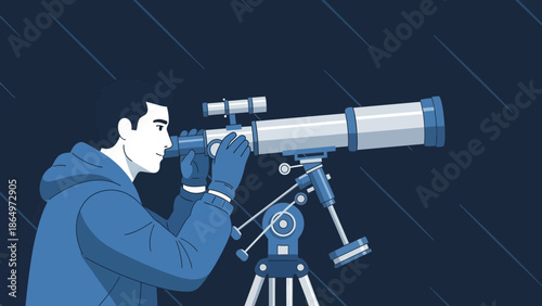 Observing Meteors Showers With Telescope In The Night Cartoon Illustration