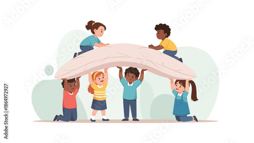 Multicultural Children Cooperating Together To Build Tent From Blanket Indoor Scene