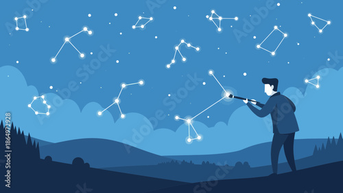 Observing The Cosmos Man Gazing At Constellations With Telescope Outdoor