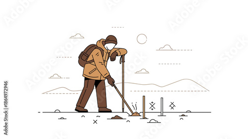 Mountaineer Rests After Setting Stakes in a Line Art Landscape Illustration