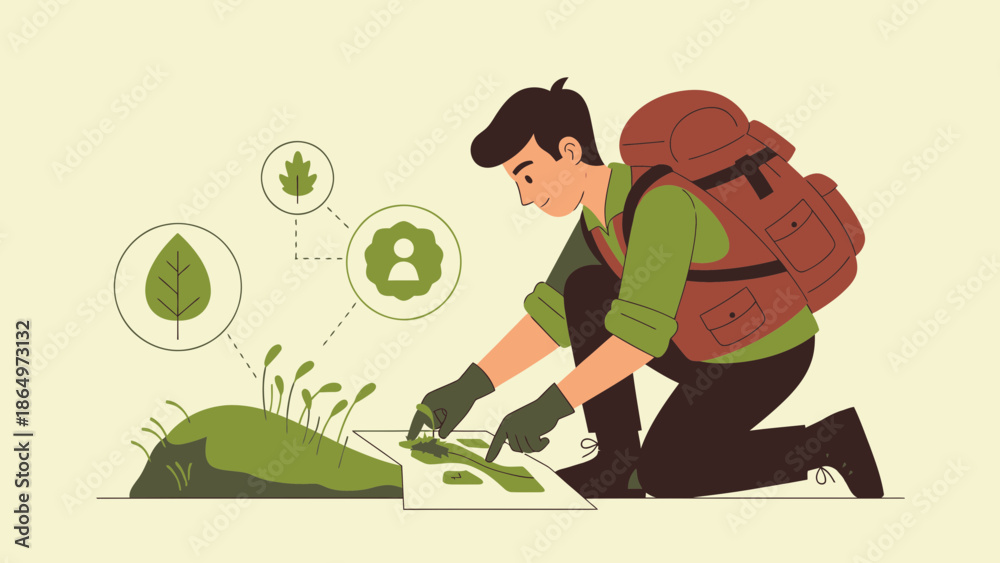 Fototapeta premium Outdoor Adventure Illustration Man Examining Map Backpacking in Wilderness Exploration
