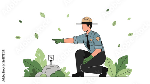 National Park Service Ranger Pointing Out Natural Landmark With Foliage