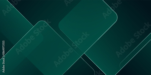 Dark green abstract background with gold lines and shadow. Geometric shape overlap layers. Transparent squares. Modern luxury rounded squares graphic pattern banner template design