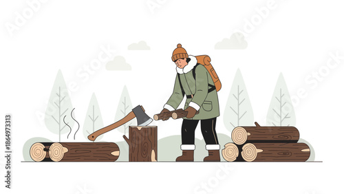 Outdoorsman Prepares Firewood In A Snowy Forest During Winter Season
