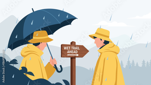 Navigating A Wet Trail Adventure With Yellow Raincoats And An Umbrella
