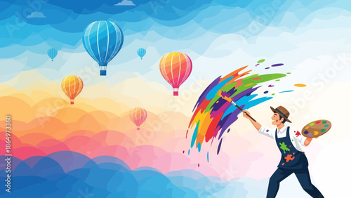 Painter Creates Colorful Sky With Hot Air Balloons In Artistic Style