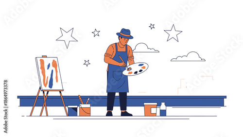 Painter Man With Hat And Palette Is Making Art With Brushes And Easel