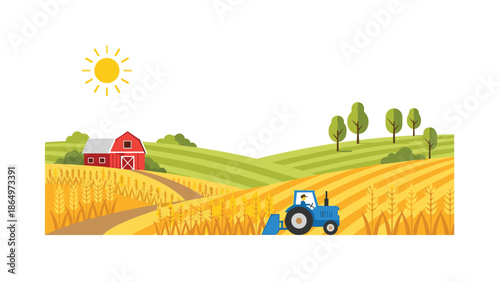 Idyllic farm scene depicting golden harvest fields, green rolling hills, a red barn, and a tractor working under a bright sunny sky.