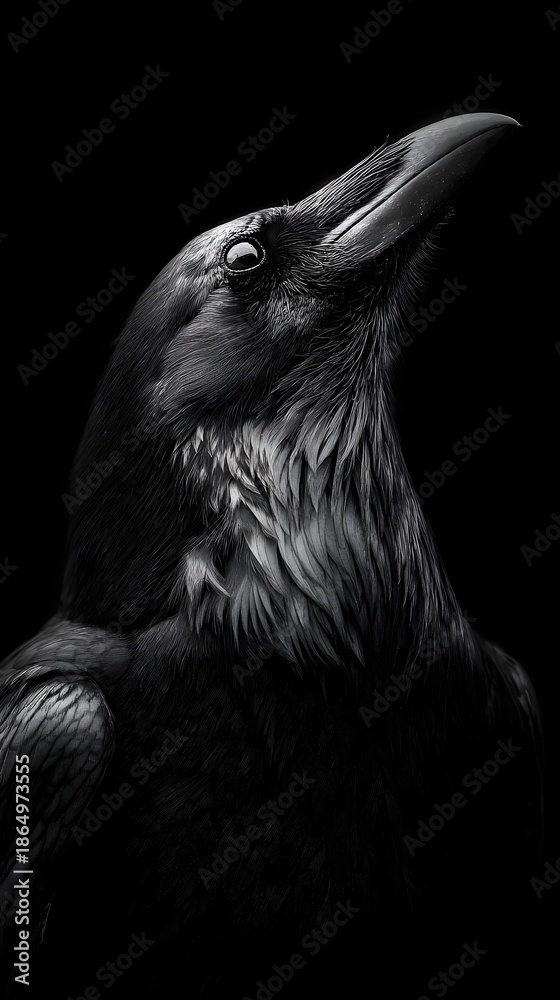 Obraz premium Mysterious Close-up Portrait of a Black Crow Against Dark Background