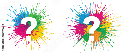 Creative white question mark on vibrant colorful ink splash background, abstract problem solving concept, curiosity and creative thinking vector illustration for modern branding