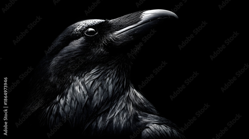 Obraz premium Mysterious Close-up Portrait of a Black Crow Against Dark Background