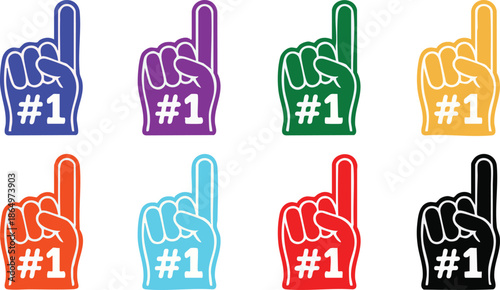 Fan foam hands number one set. Vector illustration of sports fan finger gloves with #1 sign. Collection of red, blue, green, black icons for game support. Winner champion concept.