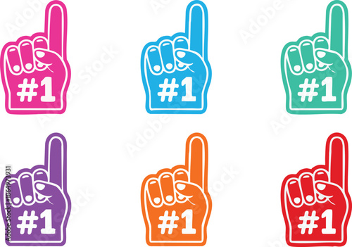 Fan foam hands number one set. Vector illustration of sports fan finger gloves with #1 sign. Collection of red, blue, green, black icons for game support. Winner champion concept.