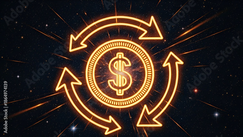 Neon dollar sign with circulating arrows, symbolizing financial exchange, digital currency flow, and continuous economic transactions in a vibrant, futuristic concept