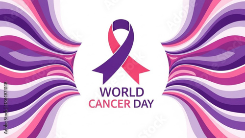 World Cancer Day ribbon and abstract waves a symbol of awareness and support for cancer patients isolated on white background