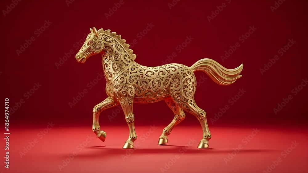 Fototapeta premium Golden horse figurine celebrating chinese new year with auspicious red background