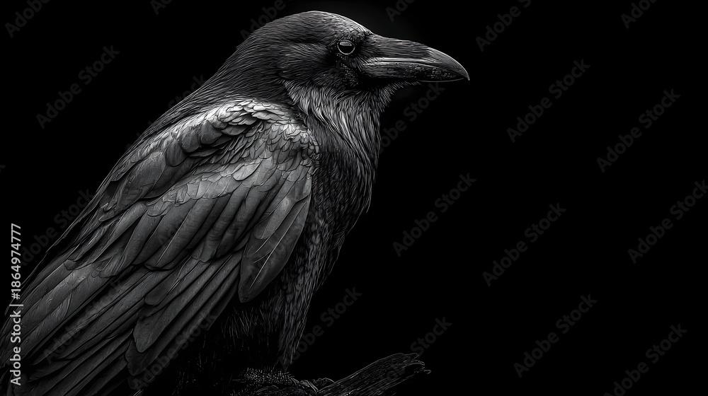 Fototapeta premium Mysterious Close-up Portrait of a Black Crow Against Dark Background