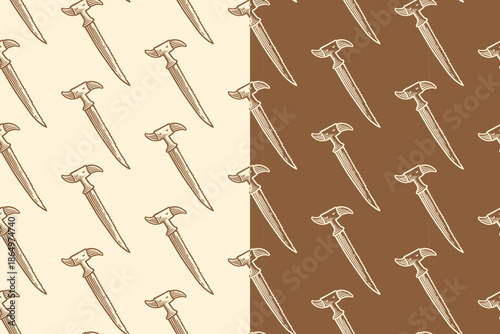 Claw hammer engraved seamless pattern on tan beige background set for carpentry. Craftsman hammer tool hatching pattern background for workshop. Construction hammer line art motif for industry