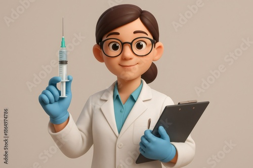Friendly cartoon doctor character holding syringe and clipboard, representing medical care, vaccination, and professional healthcare