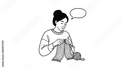 A young woman focused on the craft of knitting a cozy garment with yarn and needles