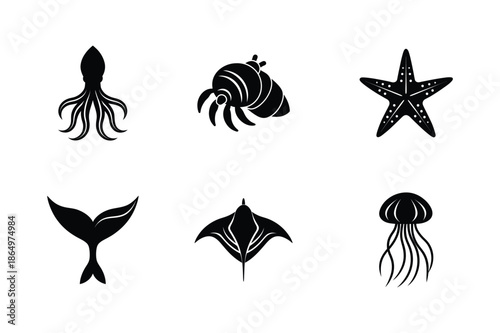 Vector Set of Ocean Animal Silhouettes. Set of Black Silhouettes of Ocean Animals. Vector Set of Fish Silhouettes
