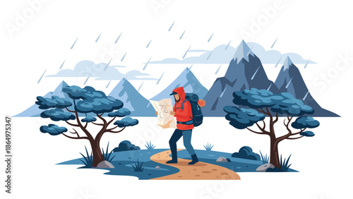 Hiker with a backpack and map braving the rain in a rugged mountain landscape, symbolizing adventure, exploration, and resilience.