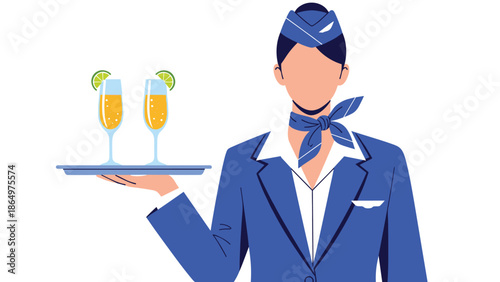 Professional air hostess in a blue uniform holding a tray with two glasses of champagne, symbolizing premium in-flight service.