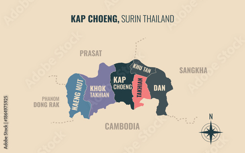 Map showing Kap Choeng District Surin Thailand divided into sub districts with minimalist colorful patterns