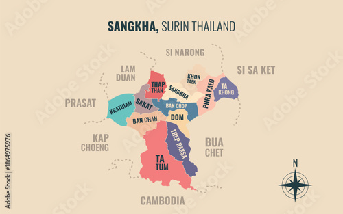 Map showing Sangkha District Surin Thailand divided into sub districts with minimalist colorful patterns