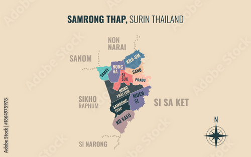 Map showing Samrong Thap District Surin Thailand divided into sub districts with minimalist colorful patterns
