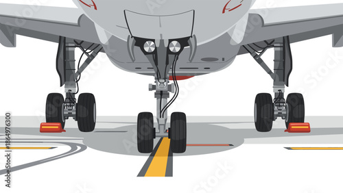 Close-up view of an airplane's landing gear on the tarmac, highlighting aviation engineering and pre-flight readiness.
